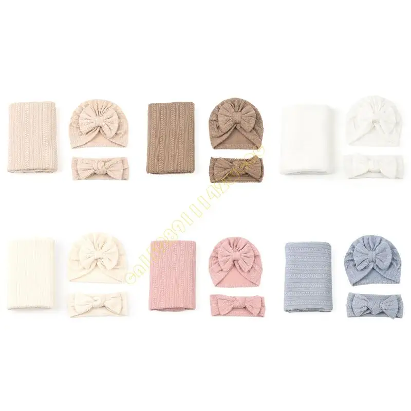 

3pcs Baby Bowknot Babies Receiving Blankets Hats Headbands Photography Props Set for Girls Boys Shower Gift DXAD