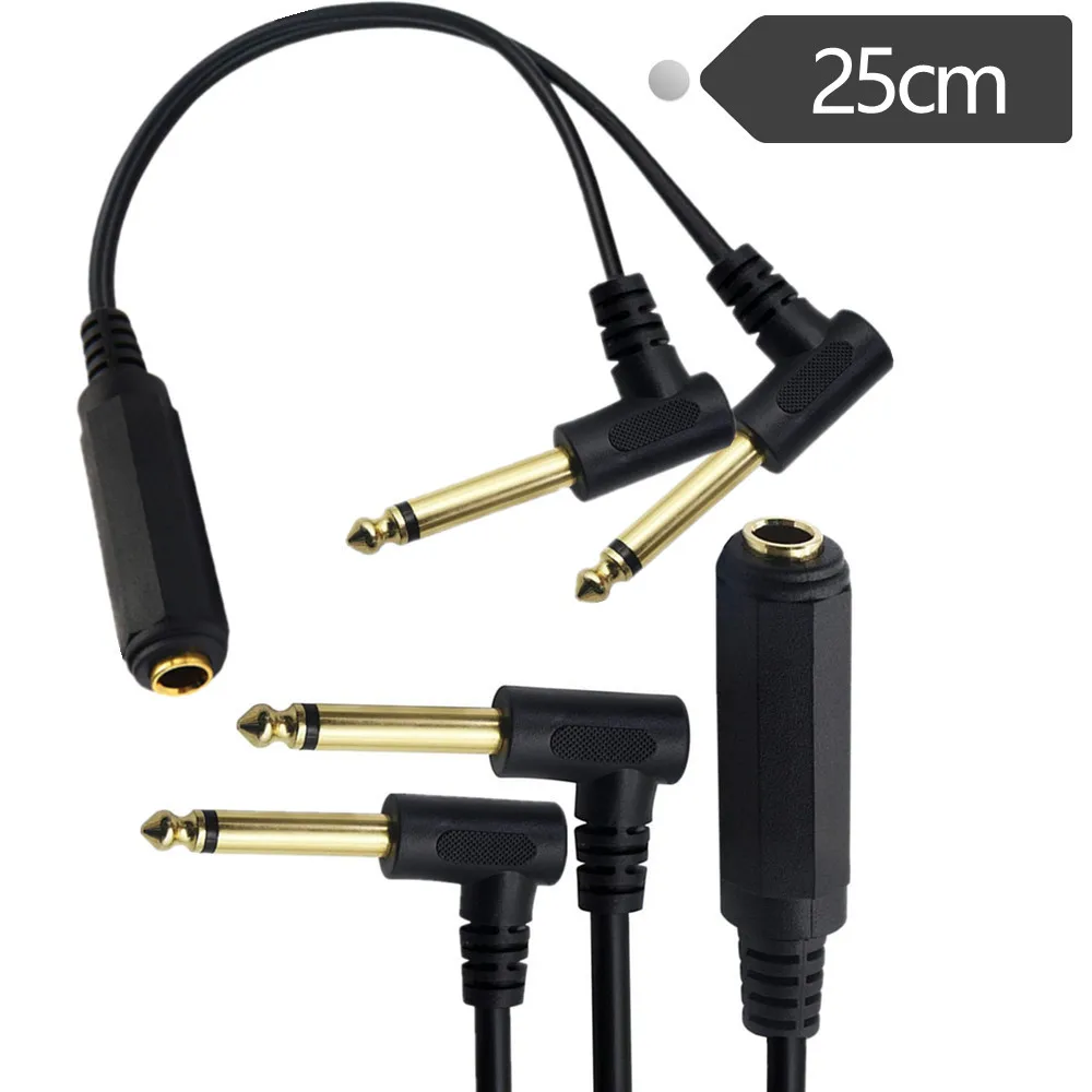 Gold Plated 6.35mm 14 Female TRS Stereo to Dual 2 x 6.35mm 14 Male TS Mono 90 Degree Right Angle Y Splitter Audio Cable 0.25m