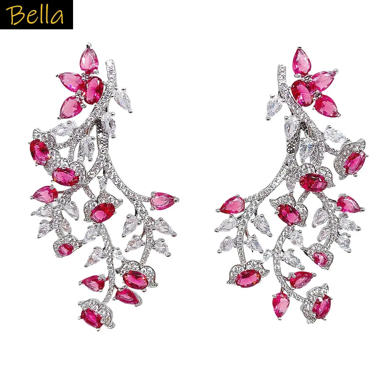Red Purple Leaf Plant Dangle Earrings Women Luxury Jewelry Shiny Zircon Big Flower Earrings Wedding Party Gift Dropshipping