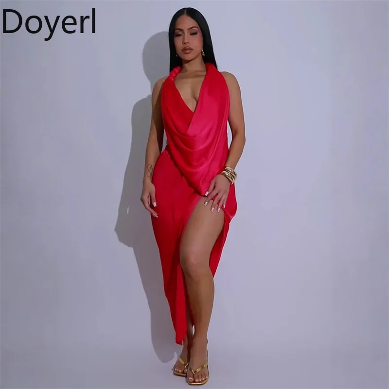 Doyerl Sexy Halter Backless Maxi Dress Women Birthday Sleeveless V-neck Ruched High Split Prom Night Club Party Long Dresses