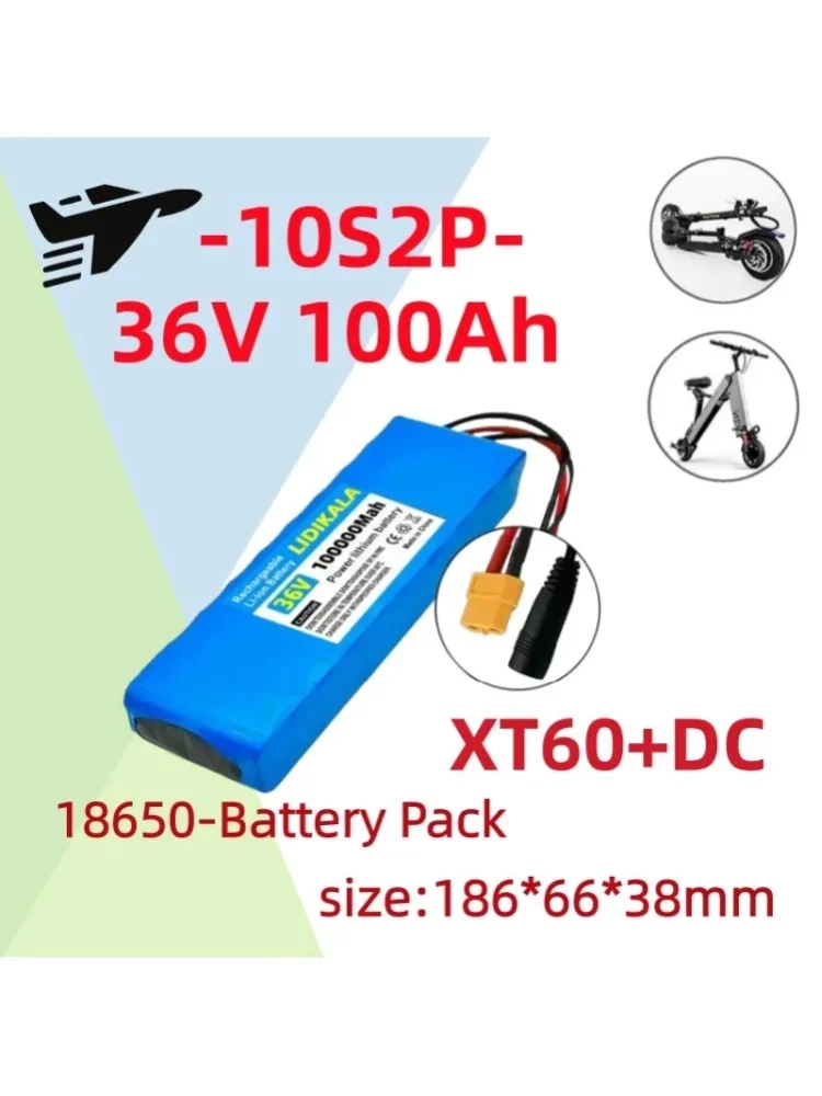 36V 10S2P 18650 Lithium-Akku mit 100Ah großer Kapazität, XT60+DC Dual-Interface, wiederaufladbarer Akku für Elektroroller, zusammenklappbares Elektrofahrzeug
