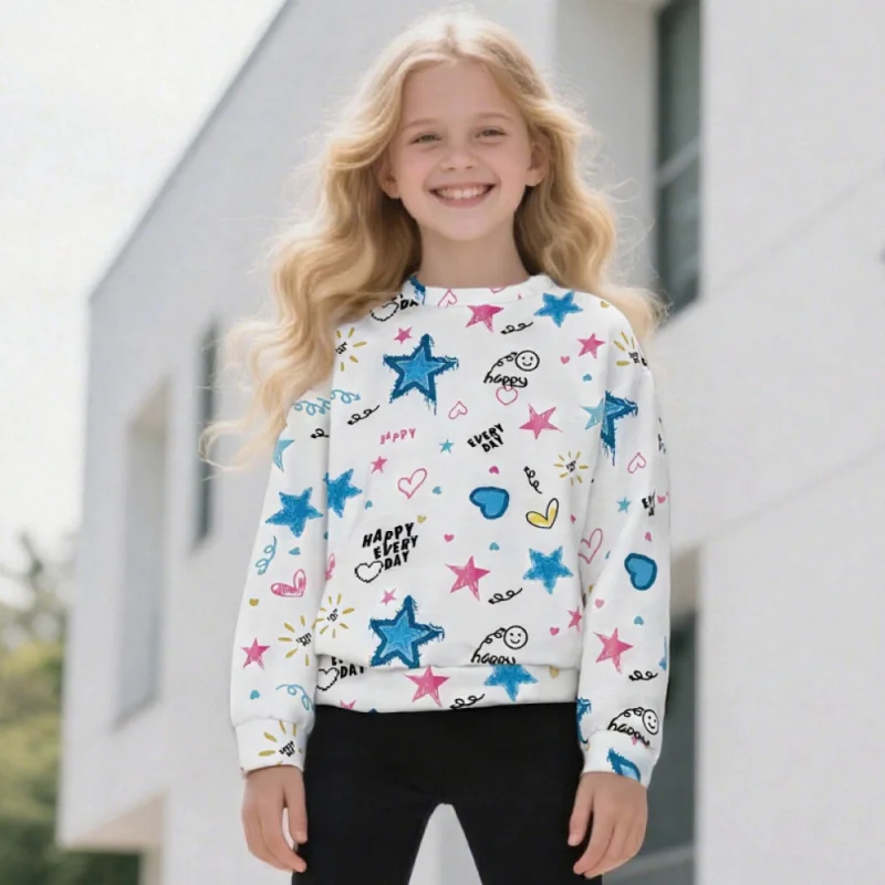 Moletom infantil casual com gola redonda – blusa branca de manga comprida com estrela azul, coração e estampa gráfica "feliz todos os dias"
