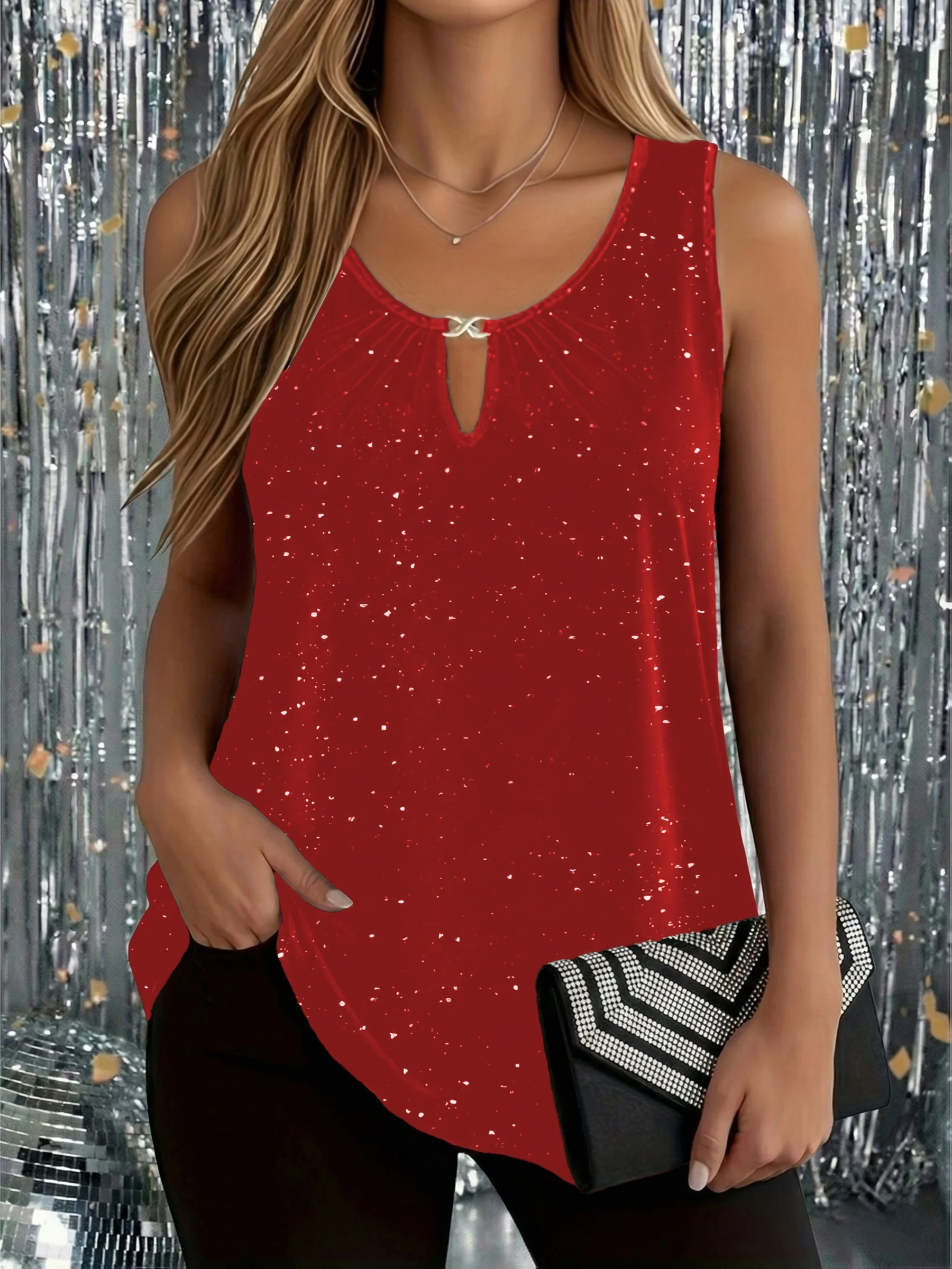 Ärmelloses Party-Top für Damen in Übergröße mit Glitzer-Design und Schlüsselloch-Detail, elegante Bluse – Detail 7