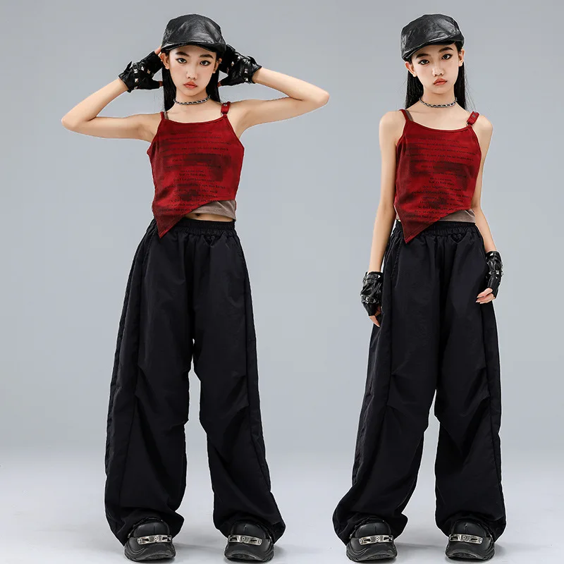 

Kid Kpop Hip Hop Clothing Red Letters Camisole Crop Tank Top Black Casual Parachute Pants for Girl Jazz Dance Costumes Clothes
