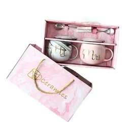 Luxury Gift Pink Golden Ceramic Marble Coffee Cup Newlyweds Lover Milk Tea Breakfast Cup Couple Milk Cup