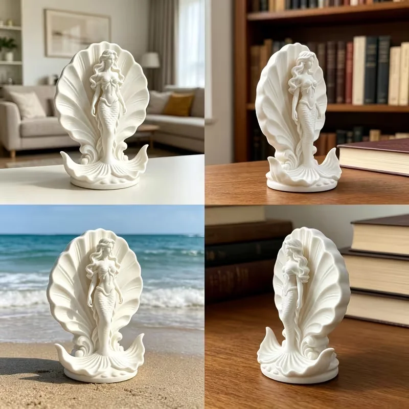 3D Print Mini White Shell Mermaid Princess Figurine,Resin Sea Goddess Statue,Elegant Mermaid Ornament for Table Cabinet Bathroom