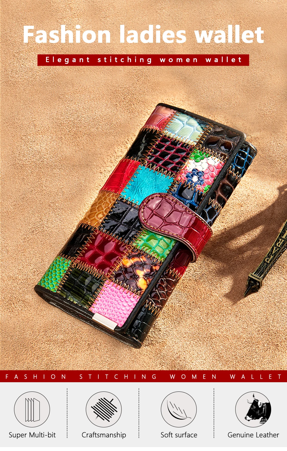 Värvikad rahakotid lehmanahast, millel on mitmevärviline plaastrilik muster ja nahast materjal, asetatud helepruunile taustale.