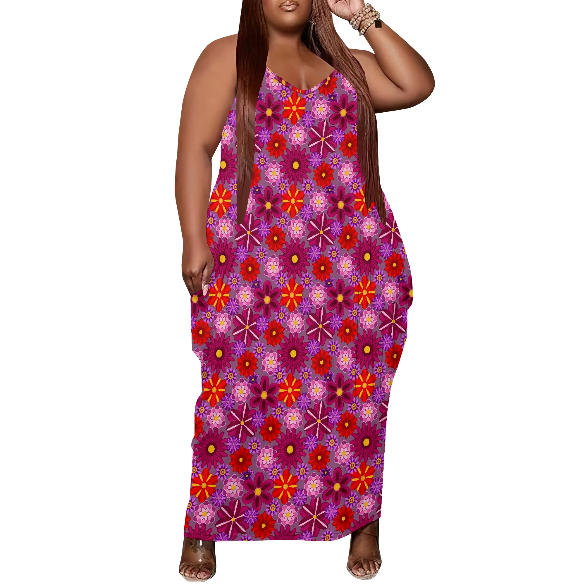 

Women Plus Size Dress Floral Print Loose Strap Long Dress with Pocket Fashionable Casual XL-6XL