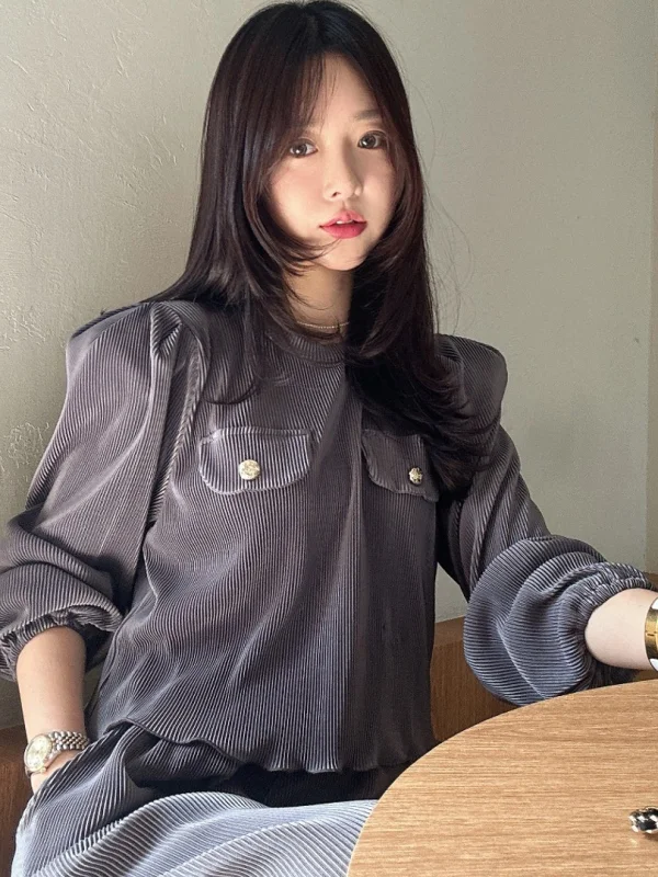 East Gate Fashion Long Sleeve Ruffle Hem round Neck Long Dress Two Piece Set Korean Style Spring Autumn Winter Women's Clothing