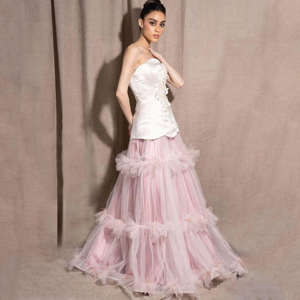 Flechazo Fashion Satin and Tulle Evening Dress Strapless A-Line Floor Length with Ruffles Beading Applique Customized Gowns