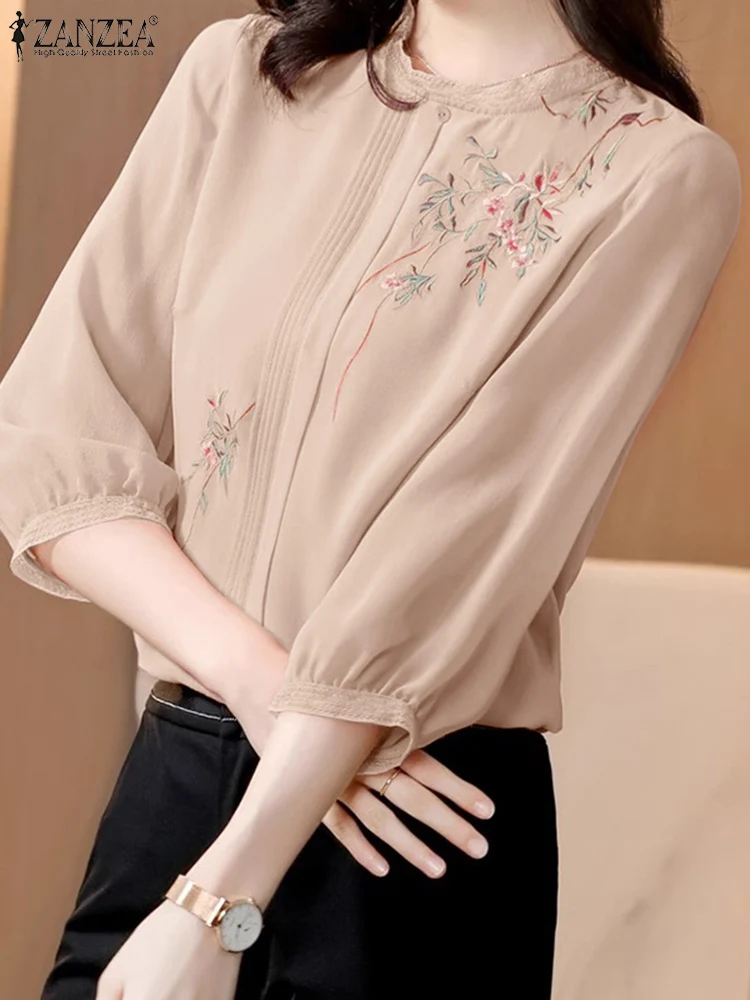 Zanzea 2024 Zomer Luxe Ronde Hals Tuniek Retro 3/4 Mouw Blusas Vintage Vrouwen Chiffon Blouse Elegante Bloemenborduurwerk Tops