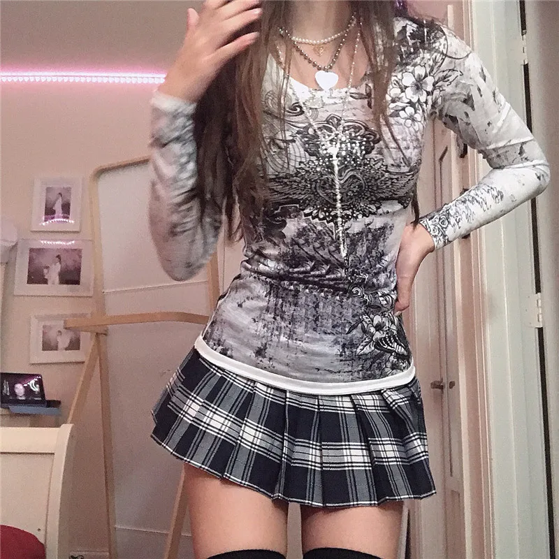 Camiseta con estampado gráfico de diamantes de imitación para mujer, jerséis Retro Harajuku Fairycore Grunge ajustados, camisetas y2k estéticas Vintage góticas Tos