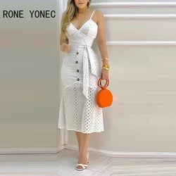 Women Hollow-out  Button Design Spaghetti Strap Lace Dress With Belt & Lining Casual Maxi Dress Vacation Dress 2021