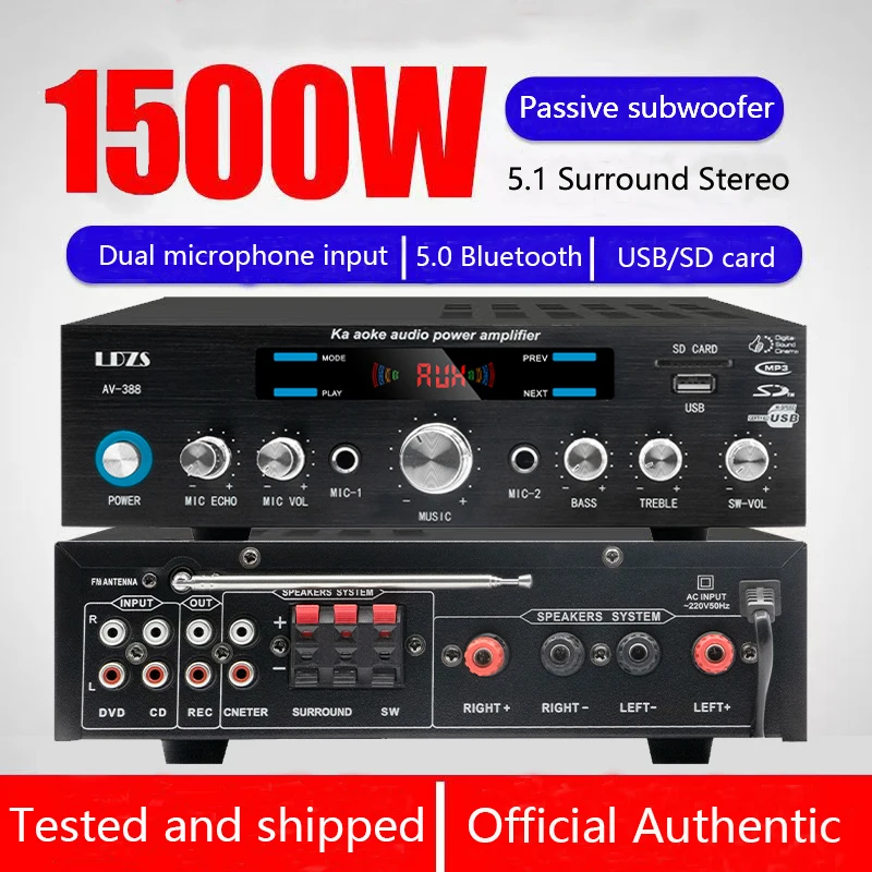 Digital Stereo Sound Amplifier, AV-388BT,, 1500W, 5.1ch, Bluetooth 5.0, Mini HiFi, Supports FM, USB, SD, Mic In, Home Power