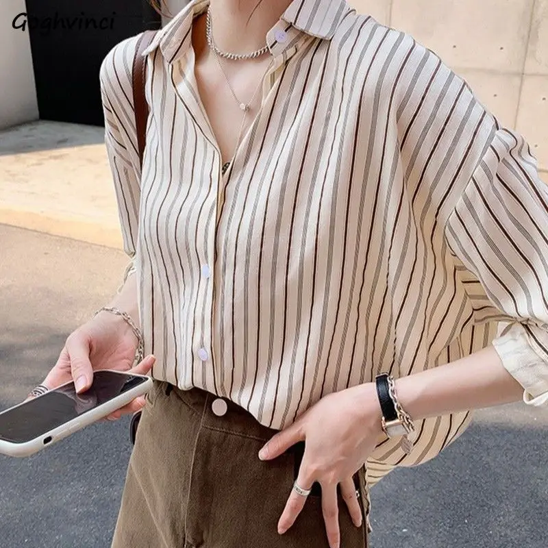 Shirts Women Striped Straight Cool Basic Retro Design All-match Streetwear Casual Gentle Chic Korean Style College Mujer Spring