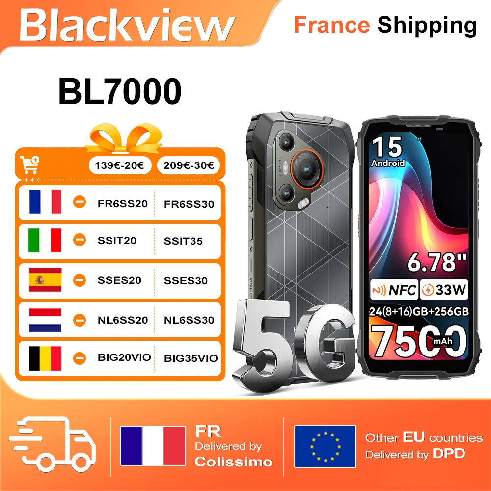 Blackview BL7000 AI Smartphone Robuste 5G Haute Vitesse, Android 15 24GB(8+16)+256GB, 6,78" Doke AI Inside, 120Hz, 7500mAh, 33W, NFC