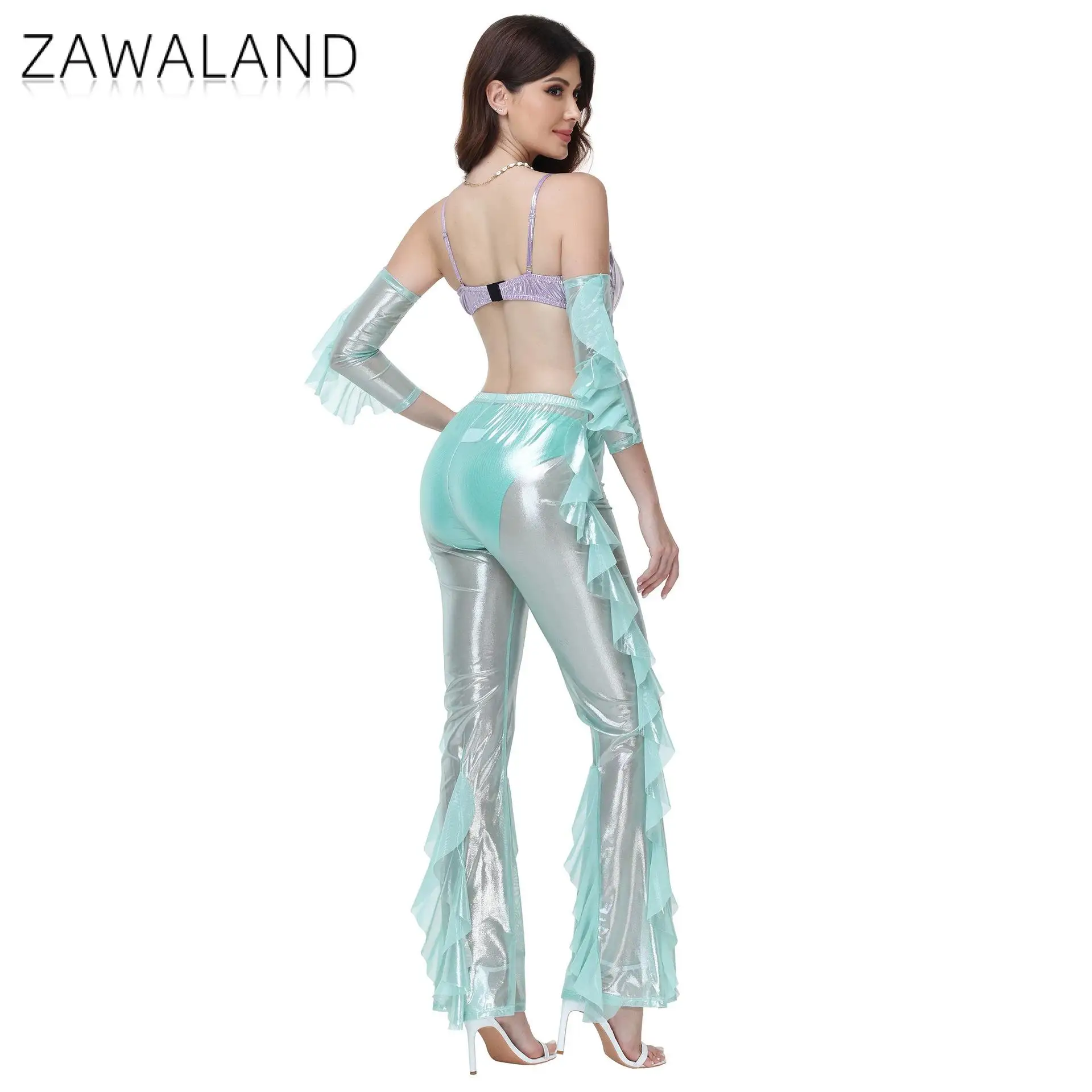 Women Mermaid Cosplay Costume Shell Crop Top Flared Pants Set Shiny Sea Princess Outfit Halloween Carnival Party Role Play Suit