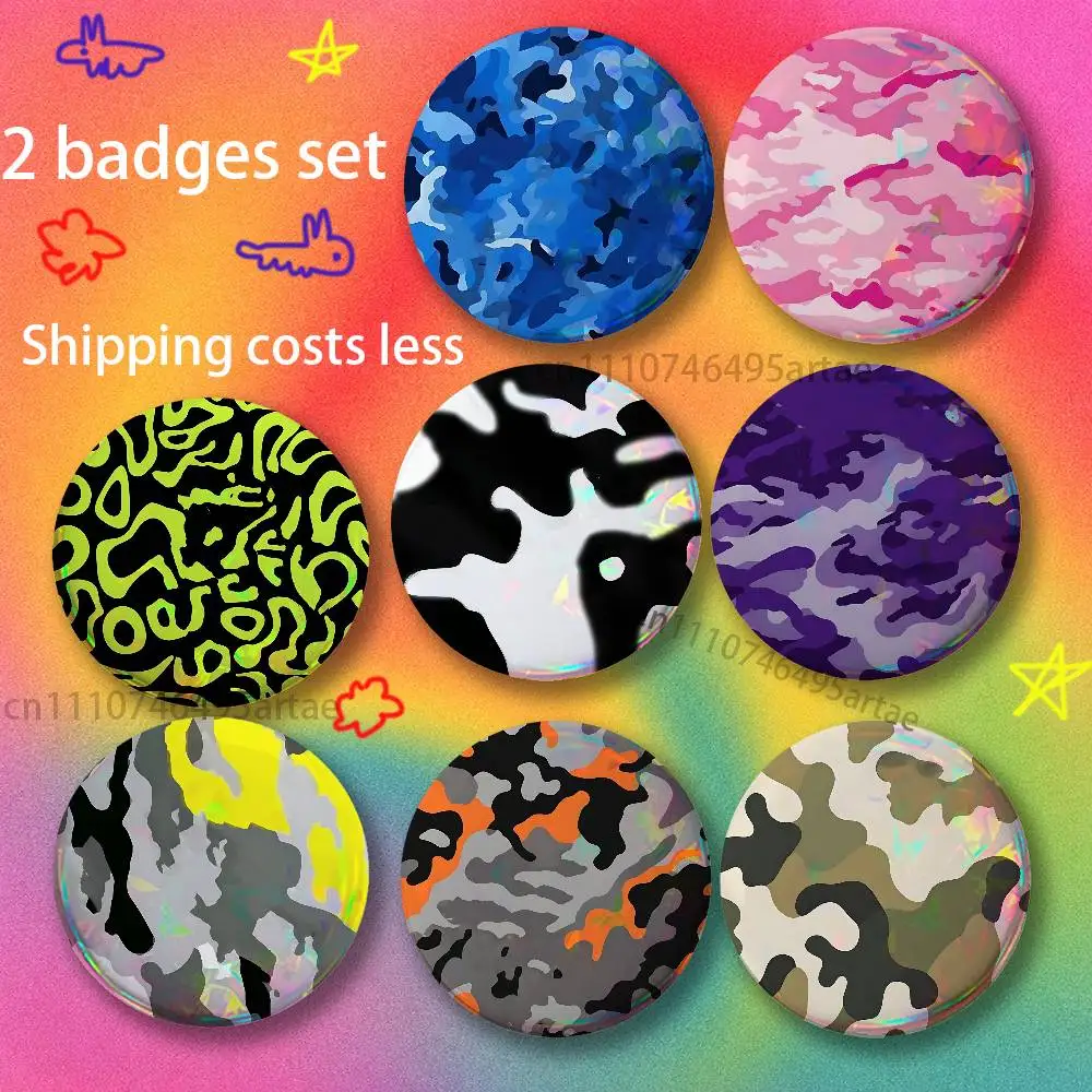 Fashion Camouflage Brooches for Backpack Accessories 25,32,44,58,75mm Round Enamel Pins 2-piece set Cartoon Anime Badge