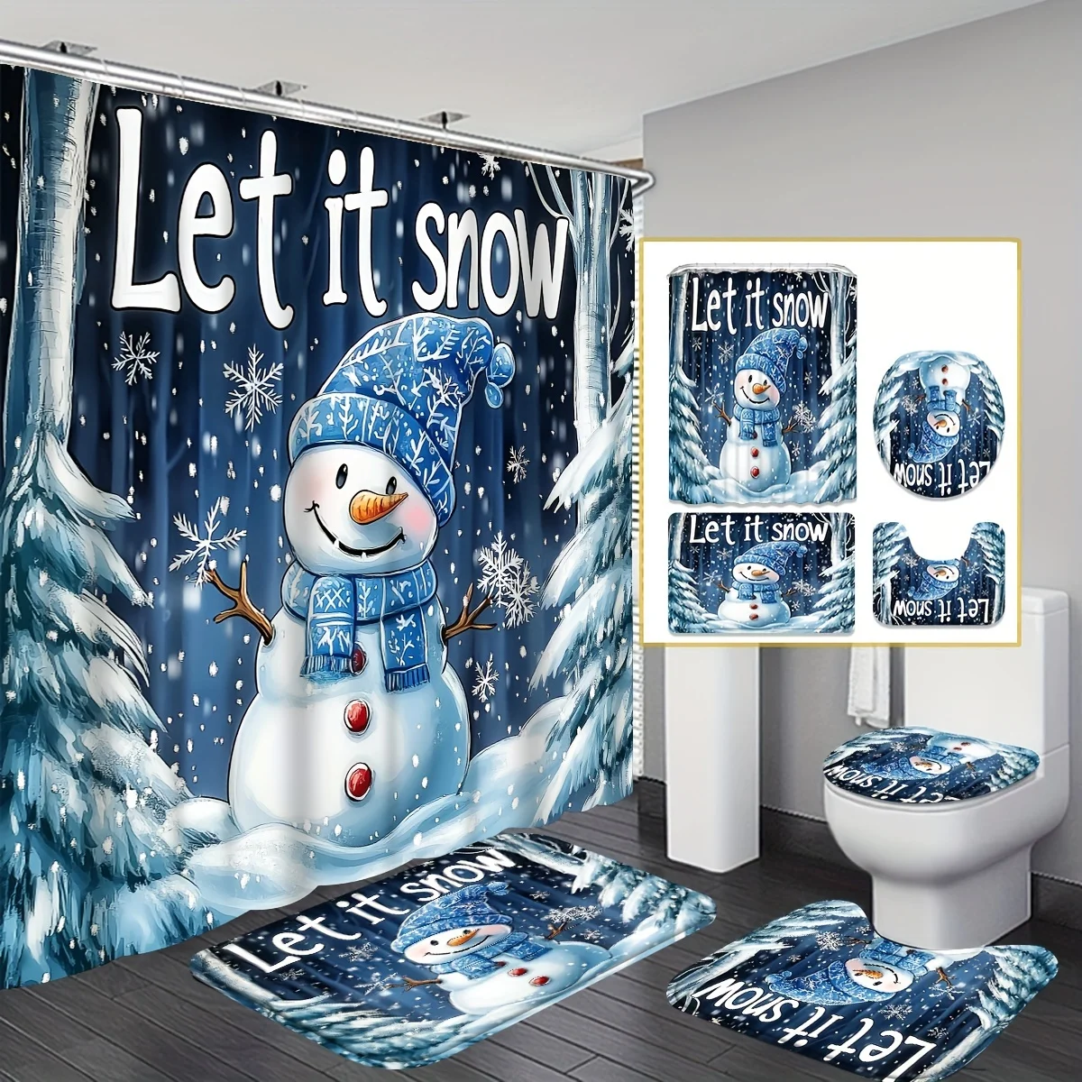 4 Pcs Snowman Christmas Shower Curtain Set, with Hook and U-Shaped Toilet Seat Cover, Bathroom Accessories, Christmas Decoration