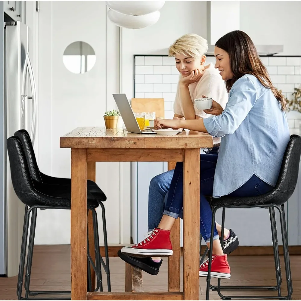 Modern Faux Leather Bar Stools Set, Counter Altura Bar Stools, costas e perna de metal, sem braços Jantar, 26"