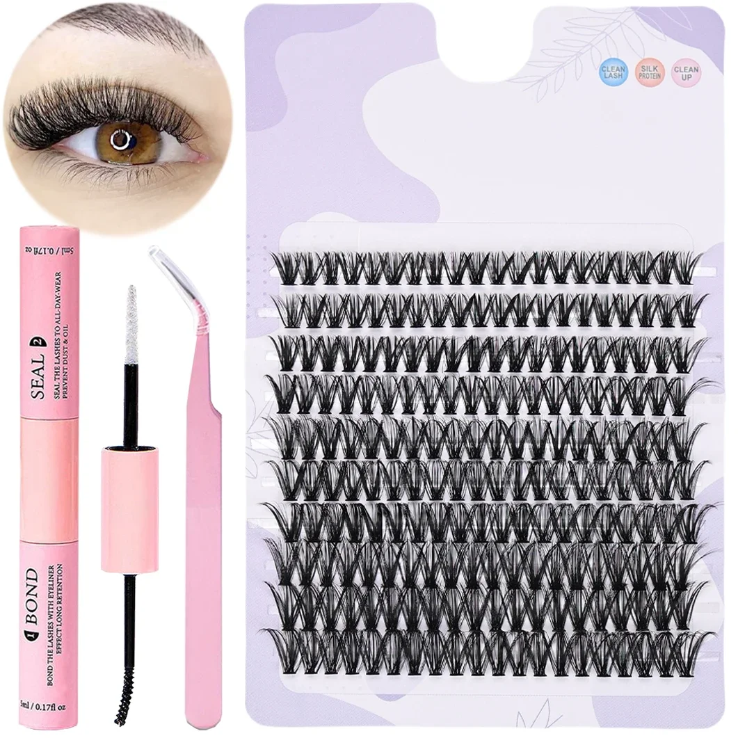 DIY ขนตาชุด 200 ชิ้นขนตาส่วนบุคคล Cluster D Curl, 8-16 มิลลิเมตรผสม Lash กลุ่ม Lash Bond, ซีลและ Lash Applicator เครื่องมือ