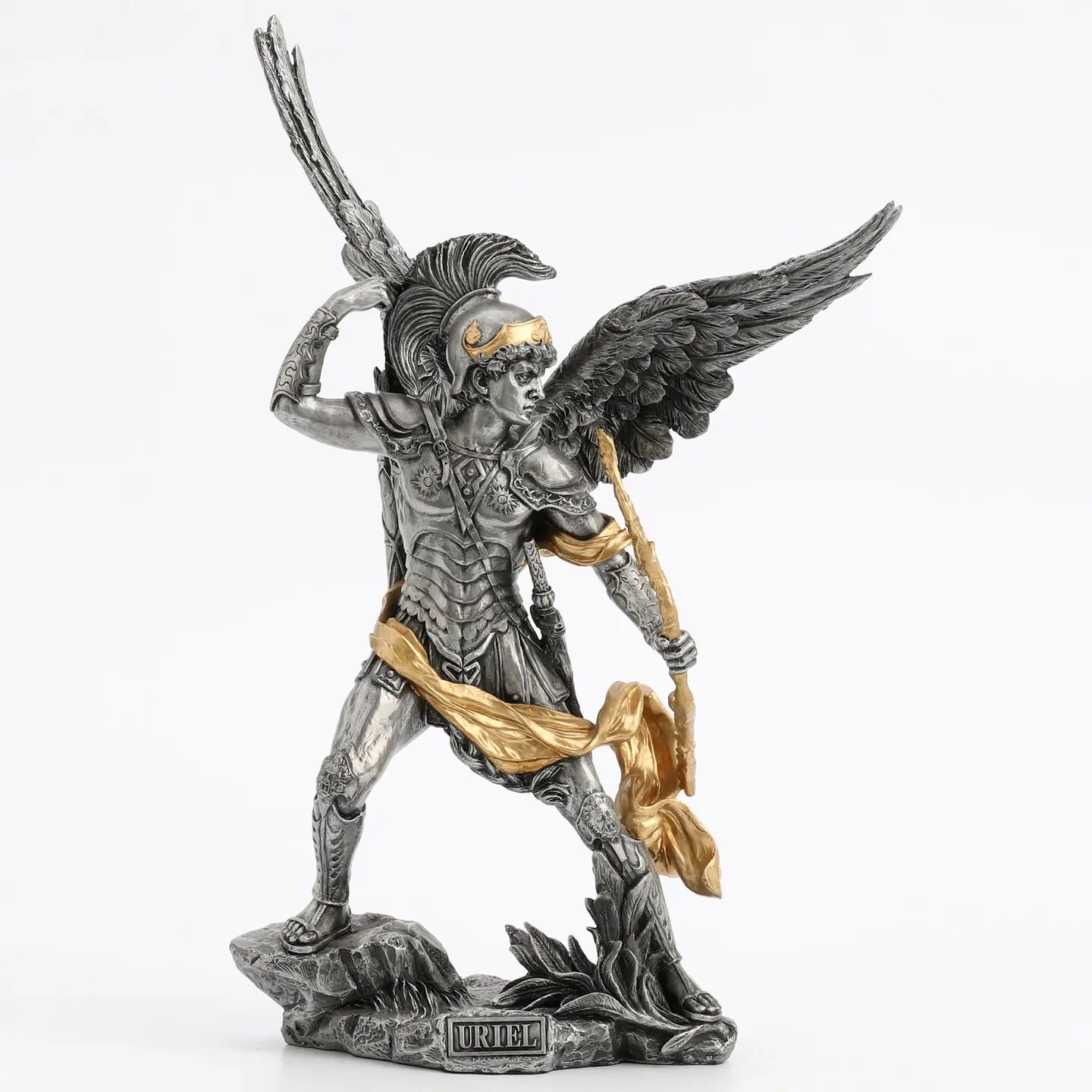 Archangel Uriel Statue Resin Antique Silver Gold Winged Warrior Angel Figurine With Bow And Arrow Sculpture Desktop Ornament