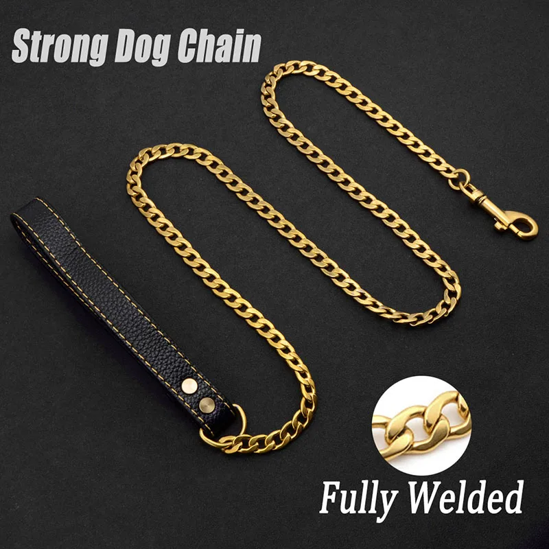 4.5FT Metal Dog Lead Stainless Steel Chain 18K Gold Pet Leash with Leather Handle Training For Medium Large Dog