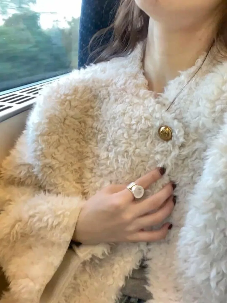 Женские пальто из искусственного меха Короткие куртки Пальто с круглым вырезом Толстая теплая уличная куртка Y2k Элегантная рабочая повседневная облегающая осень-зима