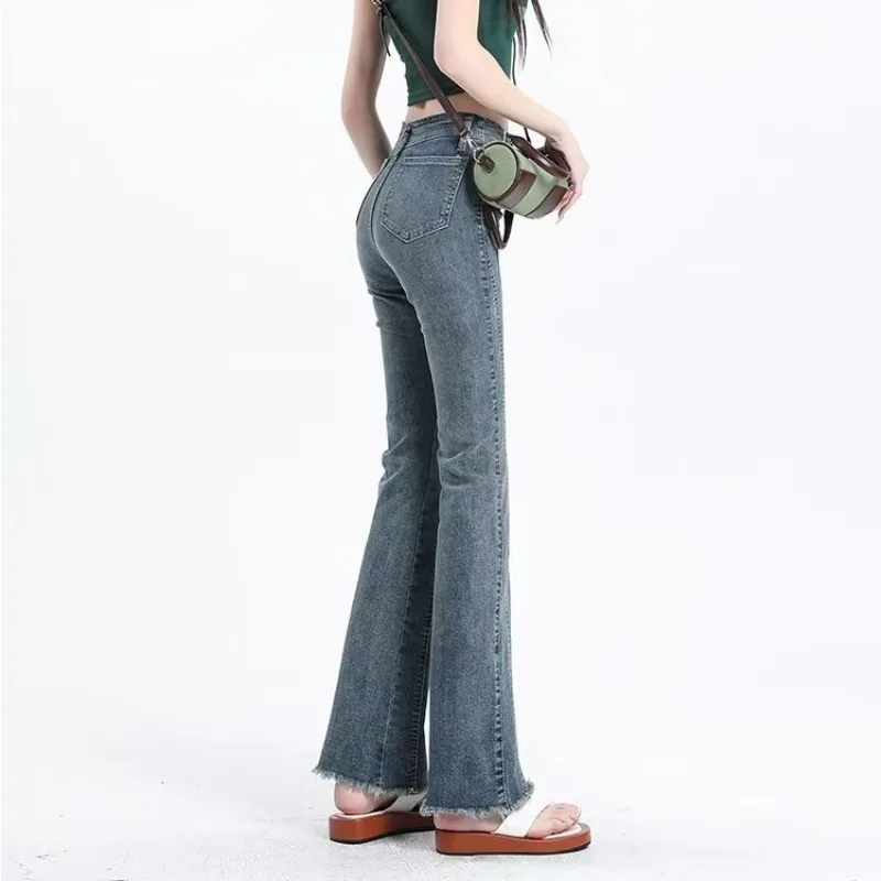 Women Jeans Retro Fit European Style Classic Mopping Trousers Schoolgirl Vitality Pockets Popular High Waist Daily Raw Edge Chic