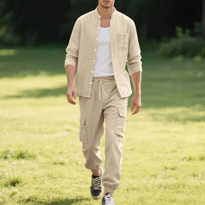 

Spring And Summer Men's Linen Button Long Sleeved Shirt And Pants Set, Fashionable, Casual, Breathable, Quick Drying 2-Pie Set