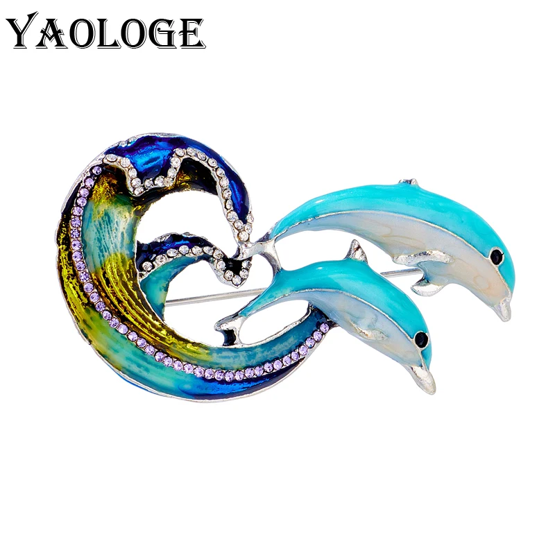 YAOLOGE Cartoon Enamel Dolphin Wave Brooches For Women Alloy Sea Animals Pins Party Office Badge Casual Jewelry Accessories Gift