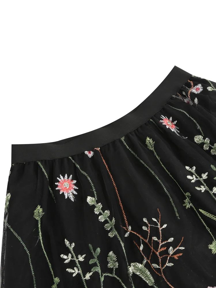 Tonval Floral Embroidered Mesh Overlay Lined Long Skirt Elastic Waist Women Elegant Festival Outfit Summer Vintage Skirts