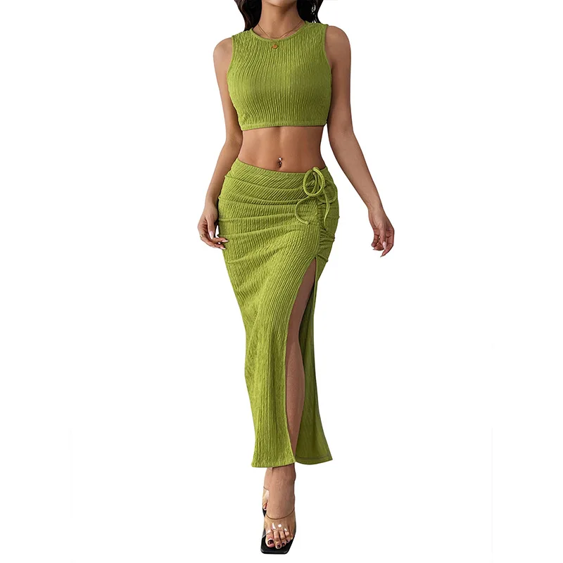 Ensemble fendu à texture plissée européenne et américaine, nouveau gilet dopamine sans manches transfrontalier, ensemble deux pièces, été 2025