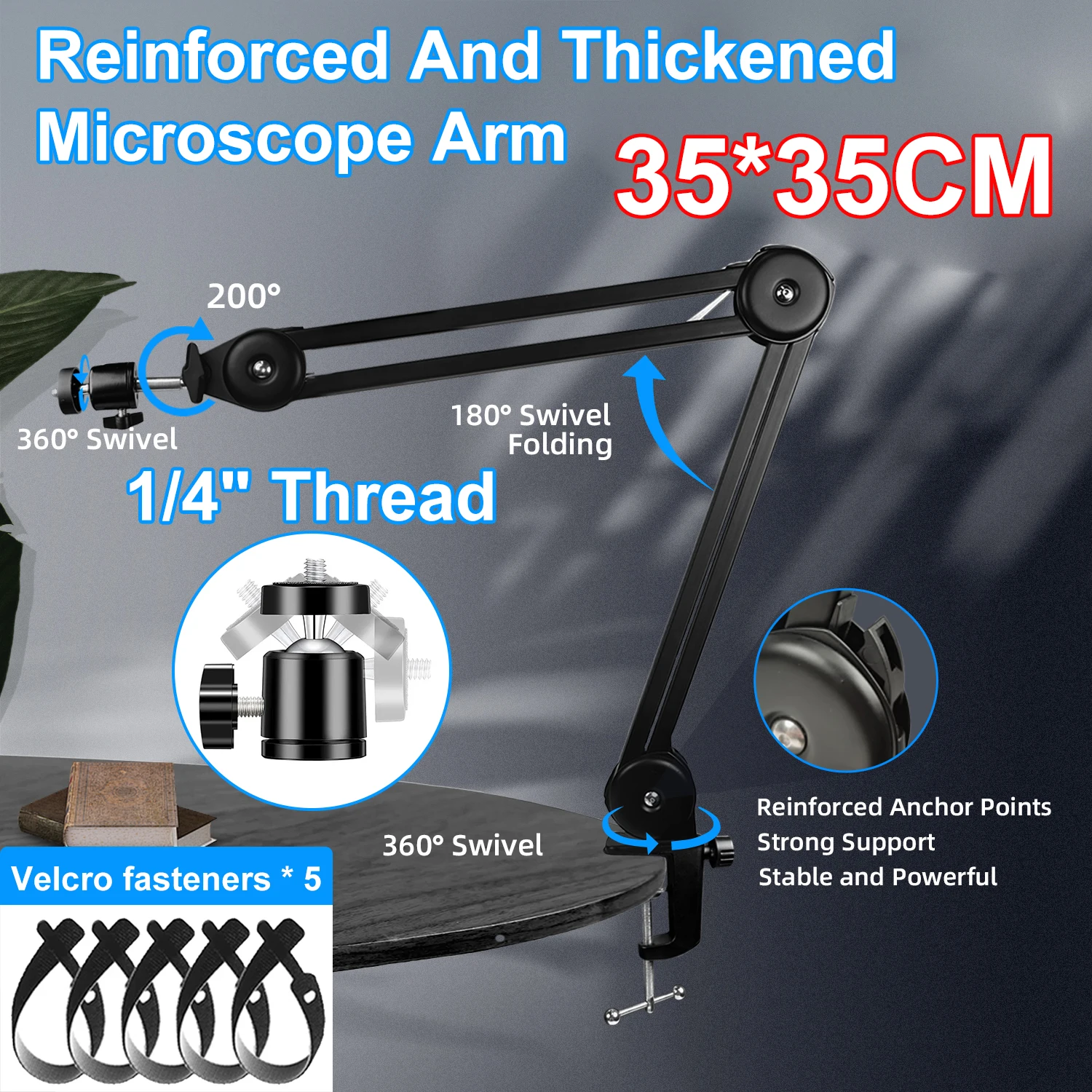 Robuster Verstellbarer Mikroskop-Armständer 35+35cm Gelenkarm 2kg Tragfähigkeit 360° °   Drehbarer Kugelkopf mit 1/4-Zoll-Schraubmontage und C-Klemme für digitale USB-Mikroskopkamera, PCB-Löten,