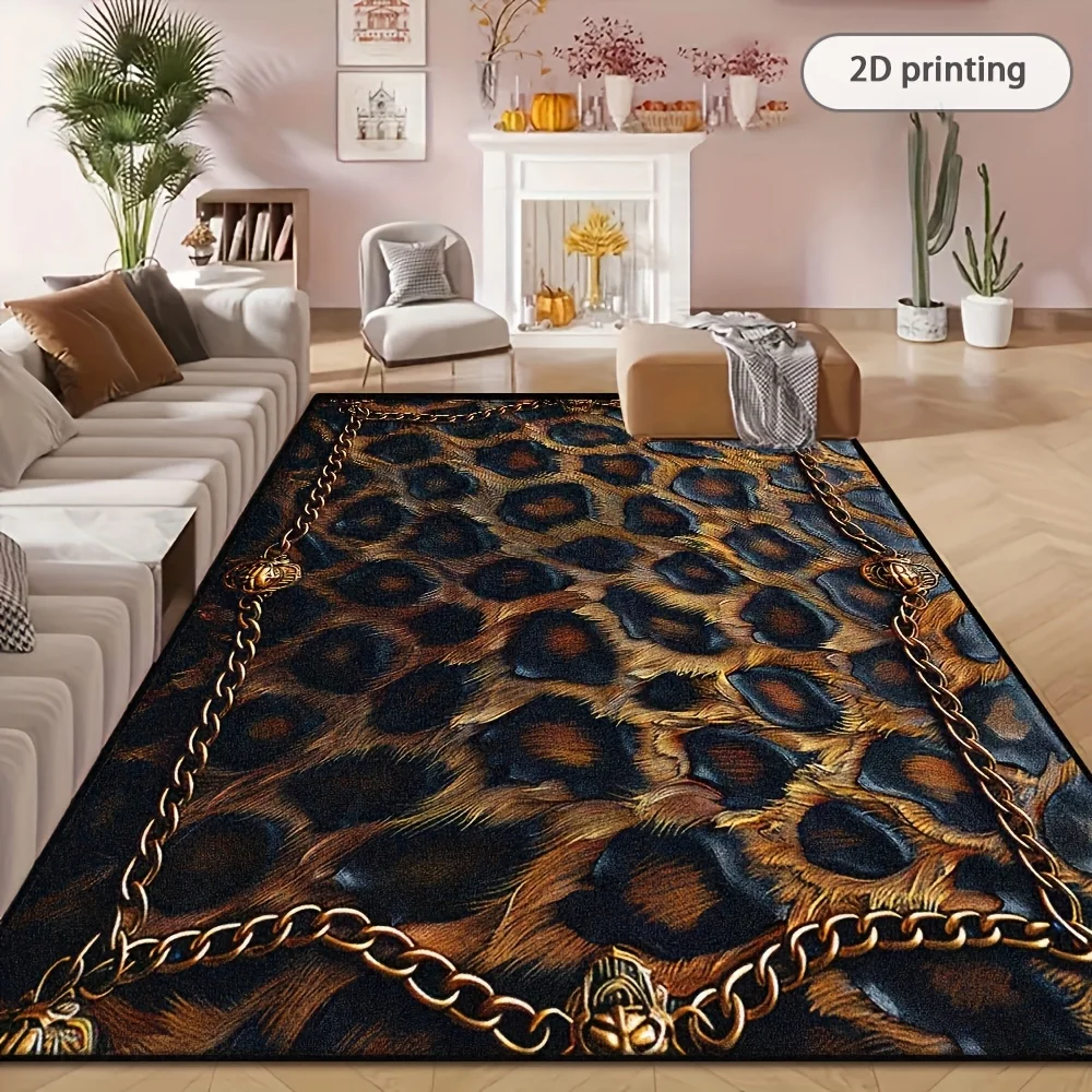 Leopard Printed Rug, Stylish Black Design, Decor for Large Living‑Room, Machine‑Washable Home Use