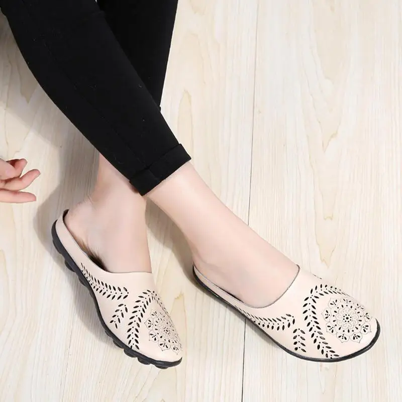 Casual All-match Hollow Slippers House Summer Slippers Leather Loafer Mules Sandals Flats For Women Comfortable Slip-on Loafer