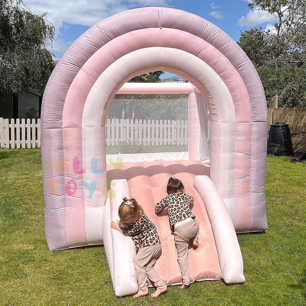 Pastel Rainbow Inflatable Bounce House with Slide Customizable Size Multi-color Optional Kids Jumping Castle for Backyard Play