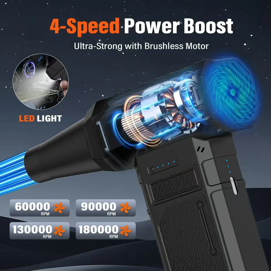 

QILILAI Ultra Mini Turbo Jet Fan, Multiple nozzles, LED light，Handheld 180000RPM Powerful Compressed air Duster for/PC/Home