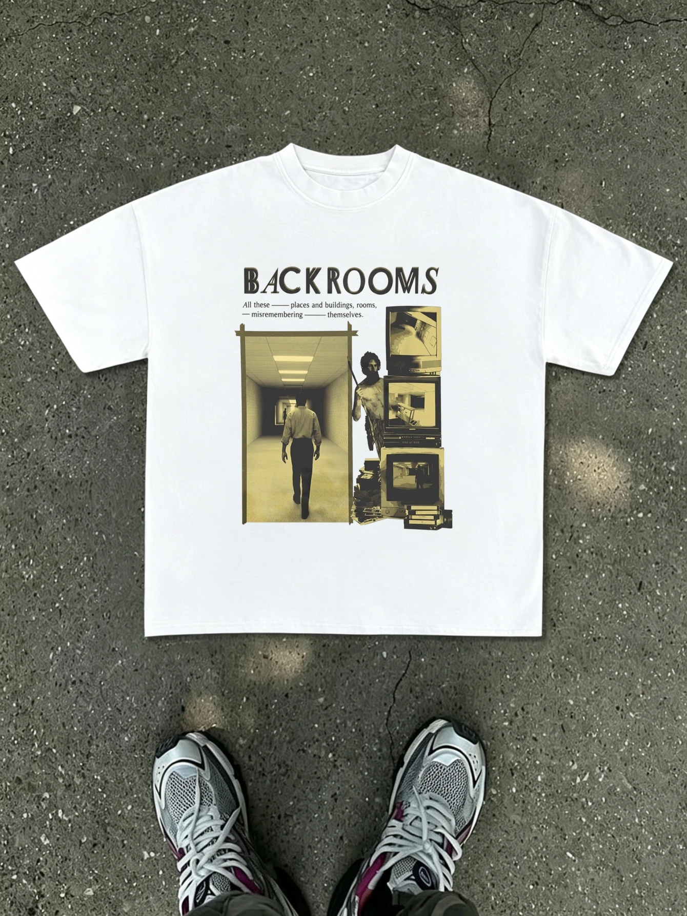 Retro horror aesthetic men's T-shirt, featuring a rear room/threshold space print, casual streetwear for horror game enthusiasts