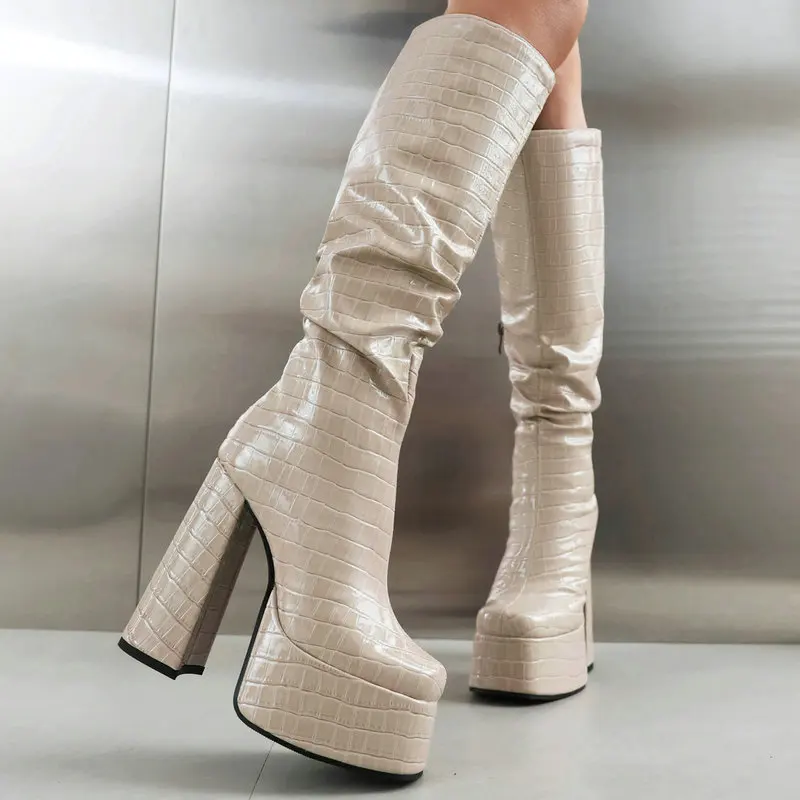 Sexy Crocodile PU Skin Pattern Shiny Gold Silver Square Toe Block High Heels Women Shoes Winter Pleated Knee-high Platform Boots