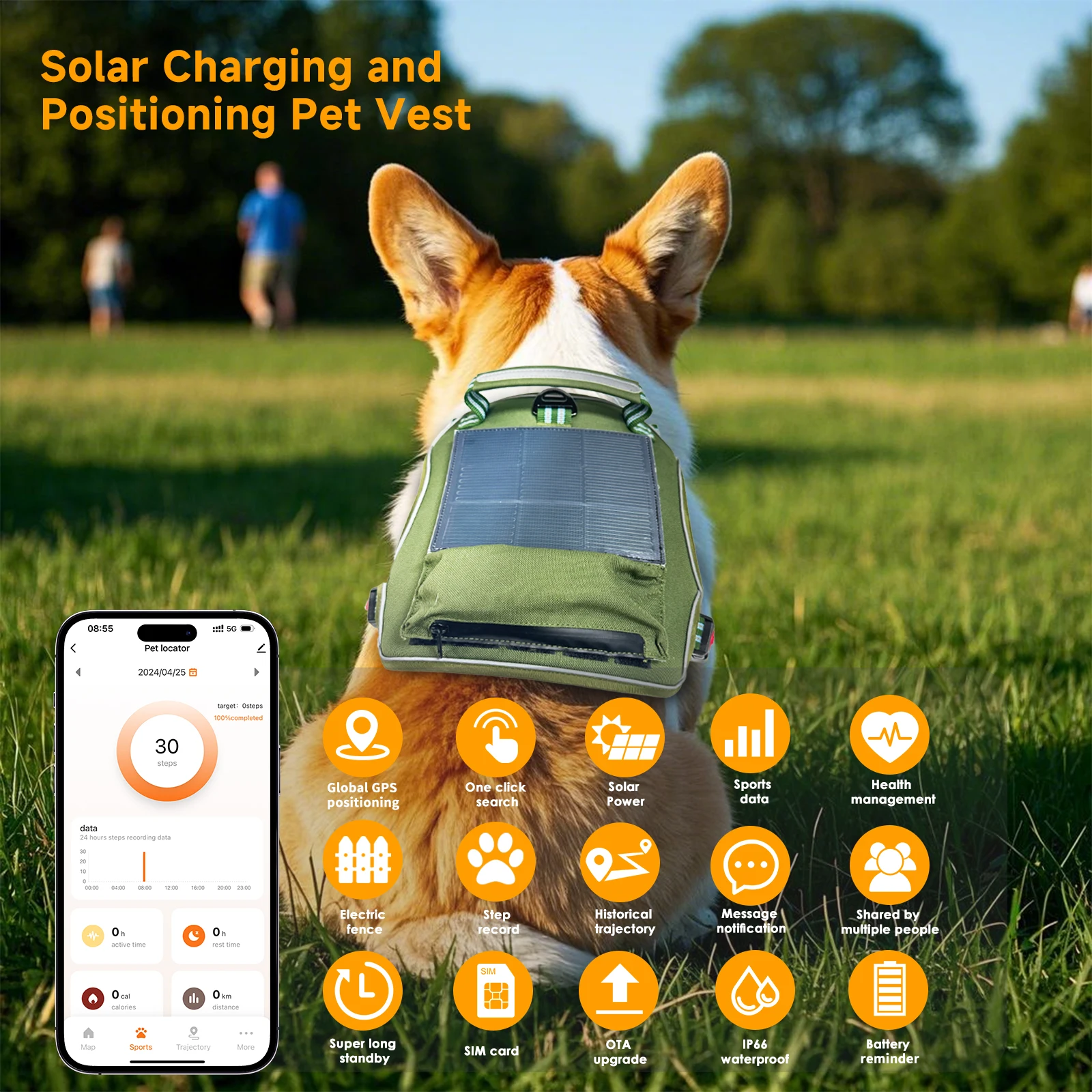 Solar-Powered Rechargeable Pet GPS Locator with 4G Technology and Nylon Collar