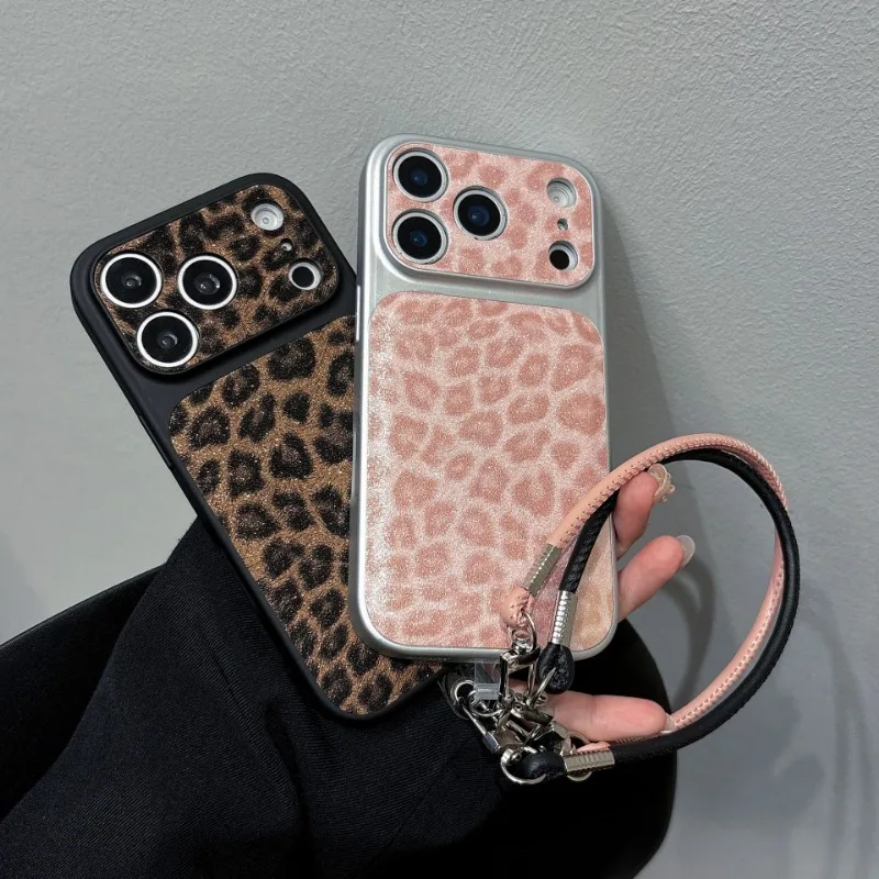 

Fashion Leopard Texture TPU+PU Phone Cases for Iphone 17 Pro Max 14 15 16 Pro Max Shockproof Back Cover Case with Lanyard