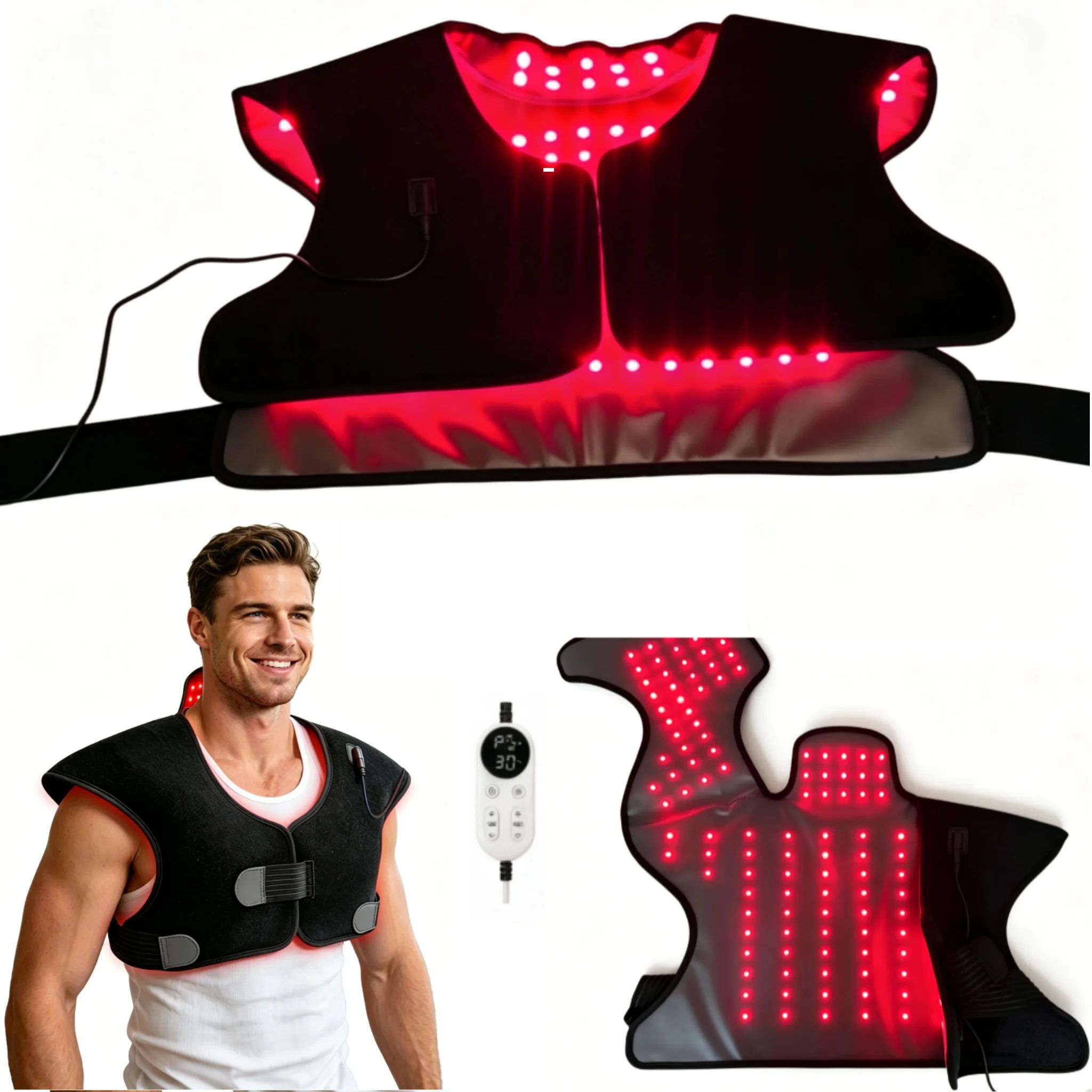 Red Light Therapy Pad for Neck Shoulder Pain Relief,Wearable 660nm&850nm Infrared Light Therapy Vest With Massage and Timer