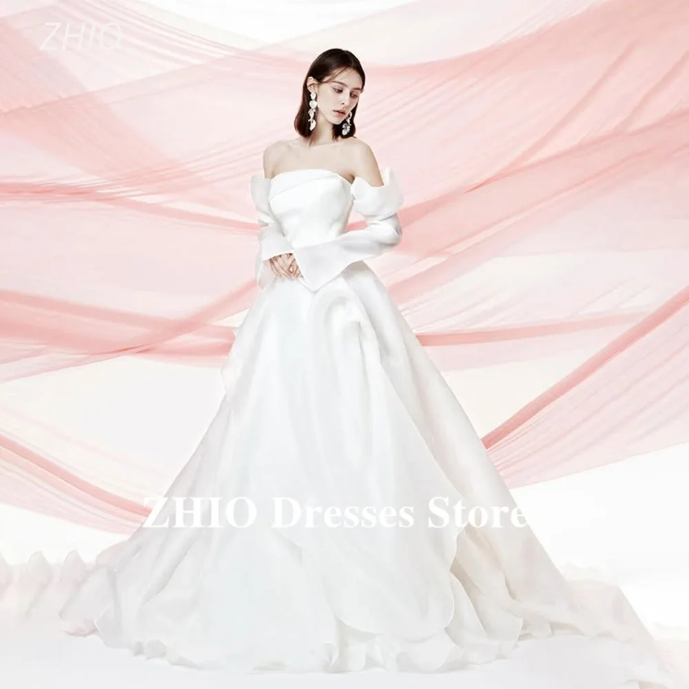 ZHIO فساتين زفاف أنيقة على شكل حرف A فساتين زفاف كورية لالتقاط الصور وأكمام قصيرة مكشكشة لحفلات الزفاف فستان الأميرة مخصص 2025