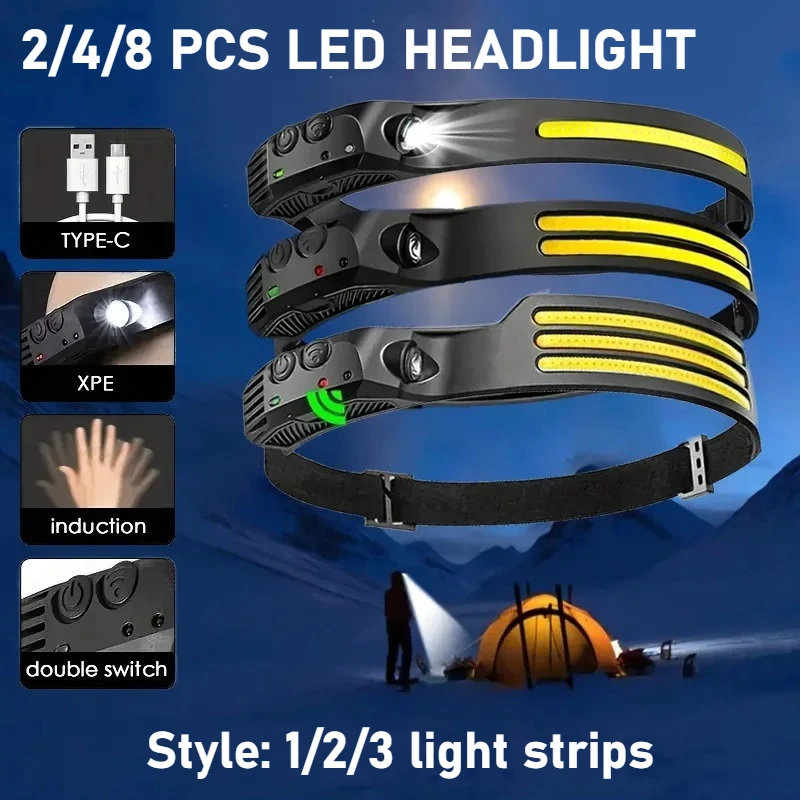 

Налобный фонарь COB LED с датчиком движения, 5 шт., USB-перезаряжаемый, со встроенным аккумулятором, для кемпинга и рыбалки на открытом воздухе