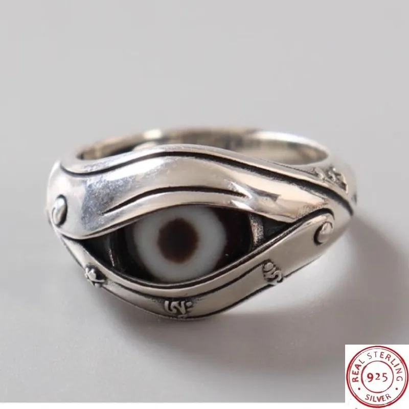 

2026 New 925 Sterling Silver Inlaid Dzi Bead Ring, Tibetan Buddha Eye Vintage Jewelry
