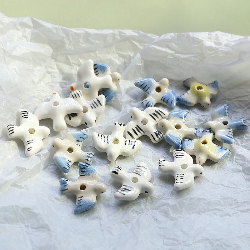1pcs Fun Ceramic Hand-painted Wind Cute Swallow Perforated Beads Diy Handmade Jewelry Earrings Ornaments Bracelet Accessories