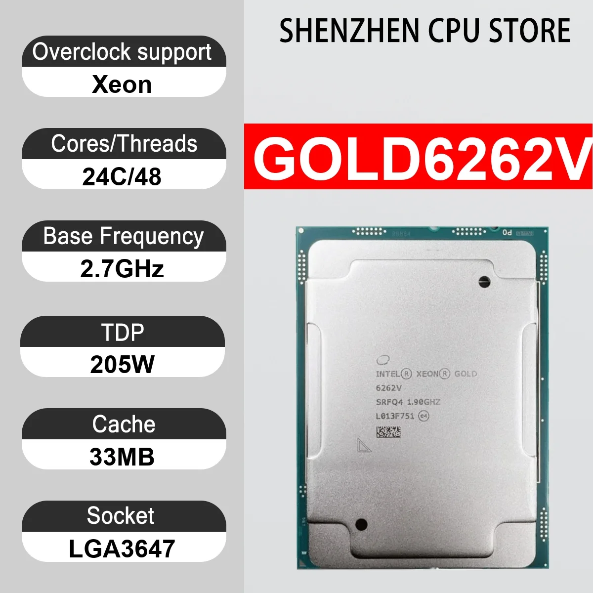 Intel Xeon GOLD6262V 24 Core 48 Thread 2.7GHz 205W 33MB Cache 14nm Cascade Lake-SP DDR4-2933 MHz SRFQ4 LGA3647
