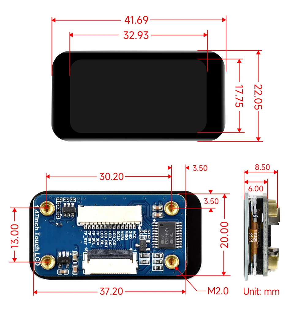 Módulo de tela de toque capacitiva com display LCD de 1,47 polegadas Comunicação de interface SPI/I2C
