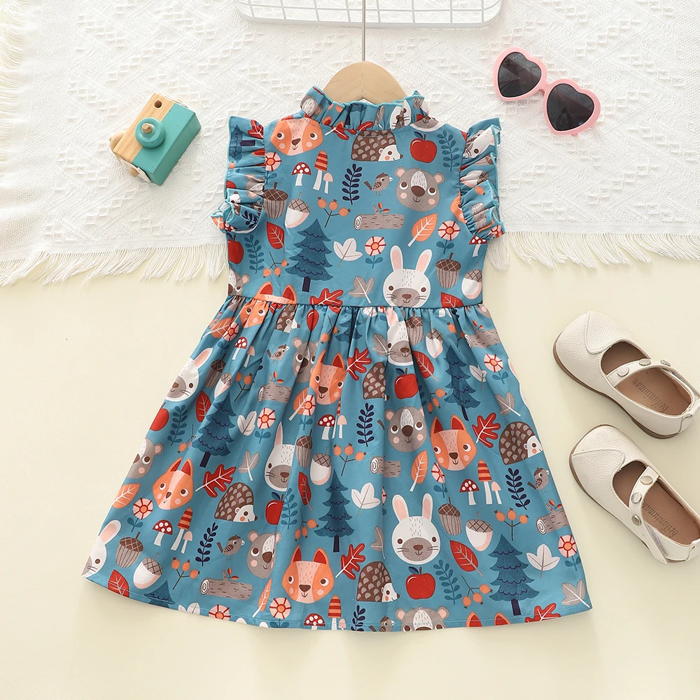 Humor Bear Girls Casual Outfit Forest printing Series Party Dress Lace Edge Flying Sleeve Round Collar Children 2-6Y